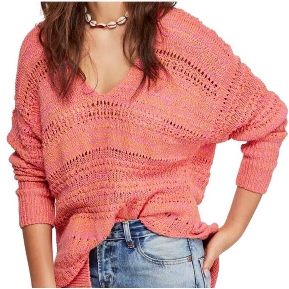 Free People NWT Long Sweater Hot Tropics Paloma Combo V-Neck Small - Picture 1 of 8